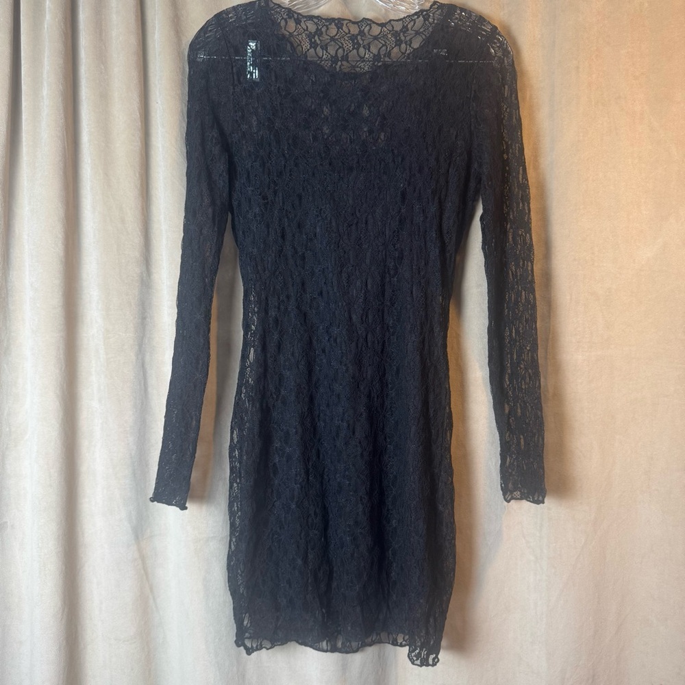 Chic Black  Sleeve Dress goth grunge‎ mini lace with slip stretch size M 90s Y2K